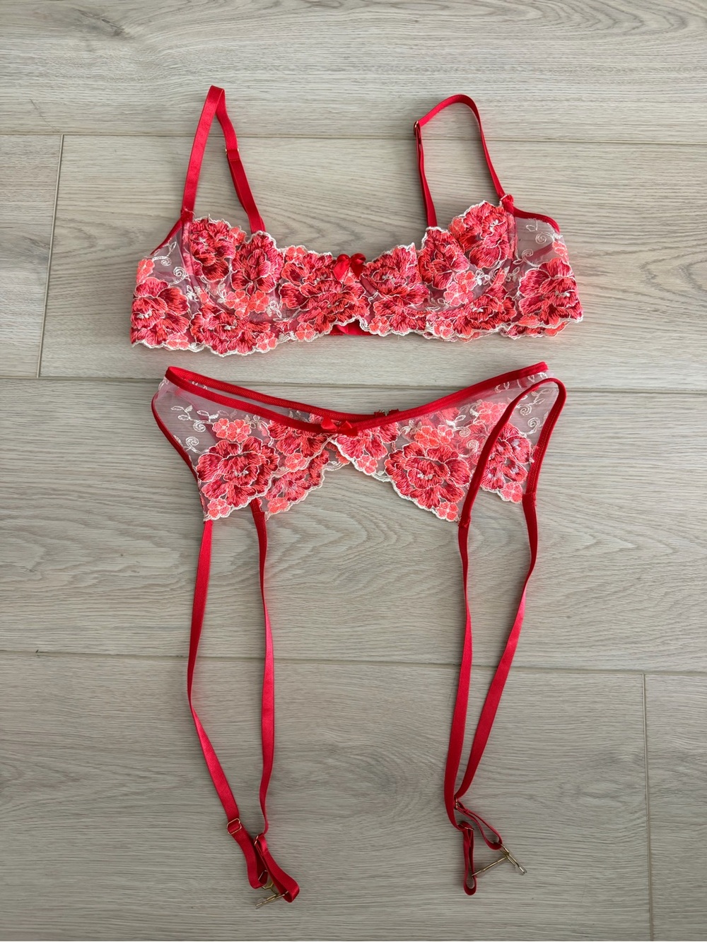 Vintage Deadstock Red Floral Embroidered Lingerie Set + Garter Belt